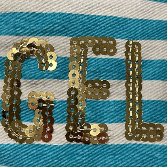 Victoria’s Secret Sequins Cosmetic Bag Blue White with Gold ANGEL wording - Picture 6 of 8